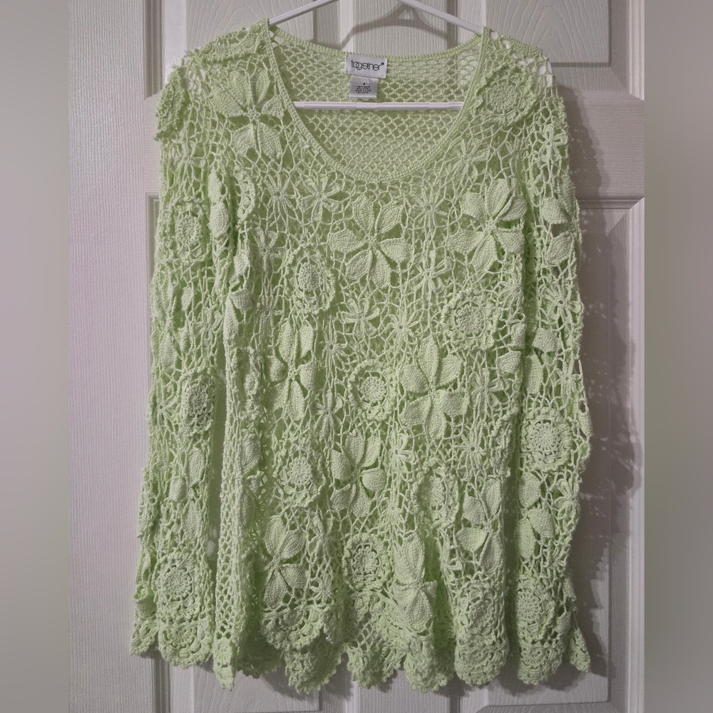 Vintage Crochet Open Knit Sweater, Ramie & Cotton, Seafoam Green, Floral, EUC!